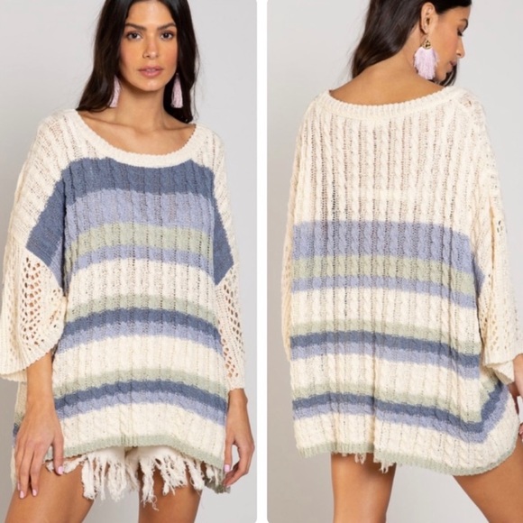 New! POL Cable Weaving Oversized 3/4 Sleeve Round Neck Multi Color Sweater Top - Picture 2 of 7